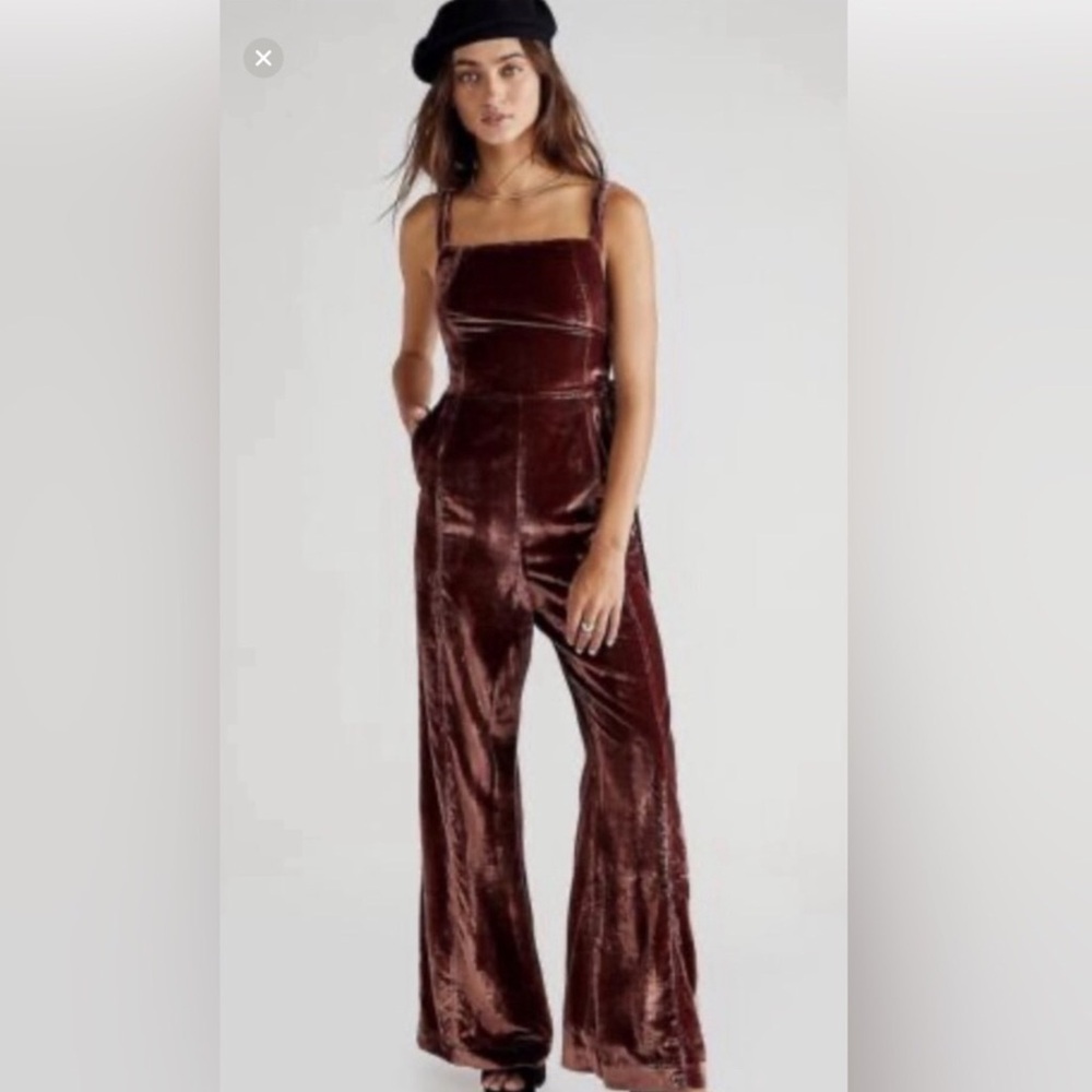 Free people brown crushed velvet jumpsuit XS